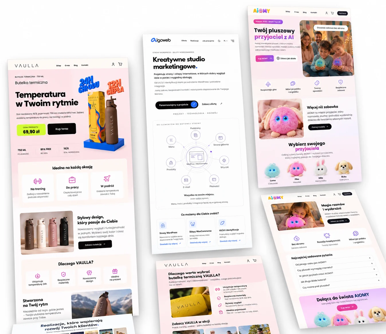 Kolaż stron internetowych ALGOWEB, VAULLA i AIOMY w układzie pionowych plansz na białym tle.