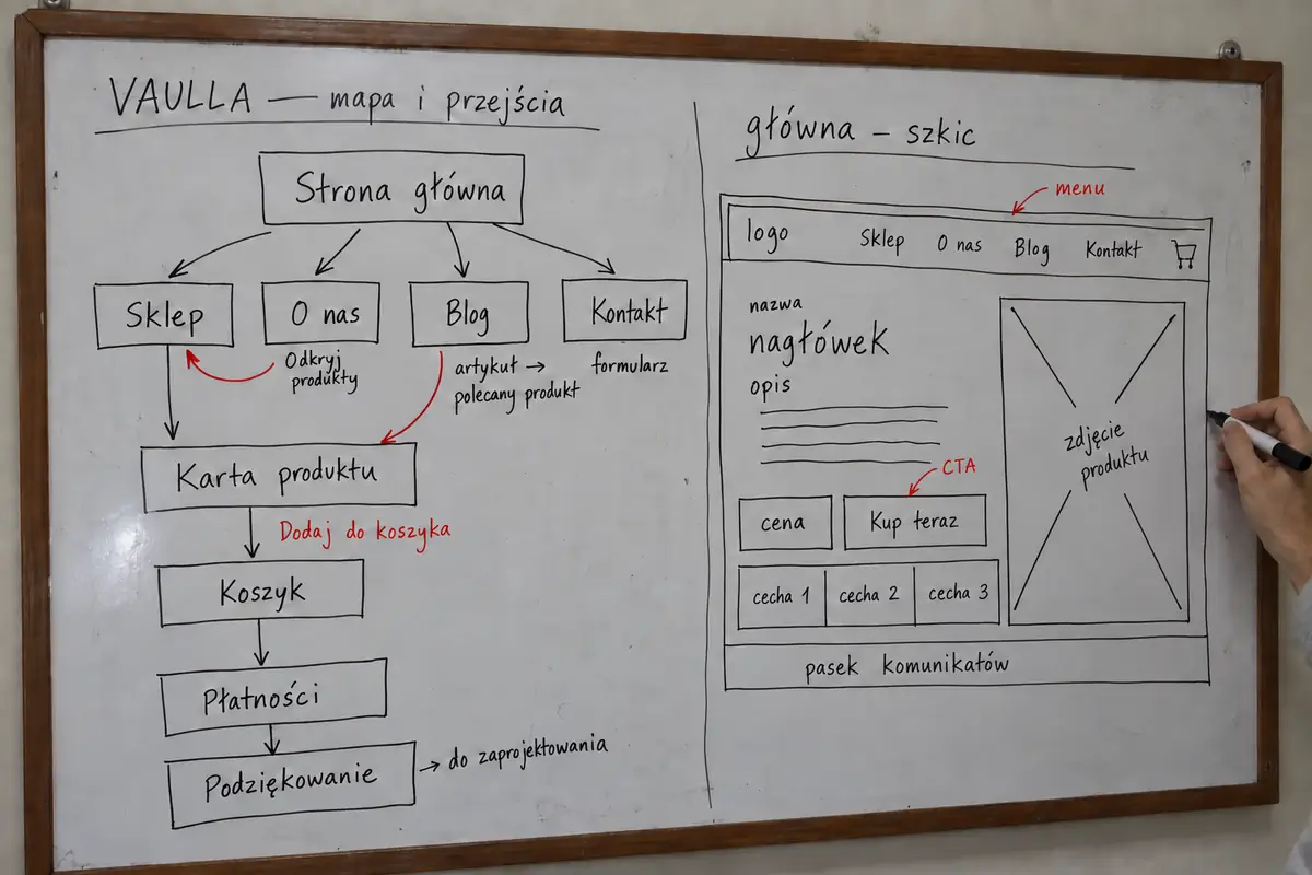 Mapa strony VAULLA i szkic strony głównej z zaznaczonym menu oraz przyciskiem Kup teraz.