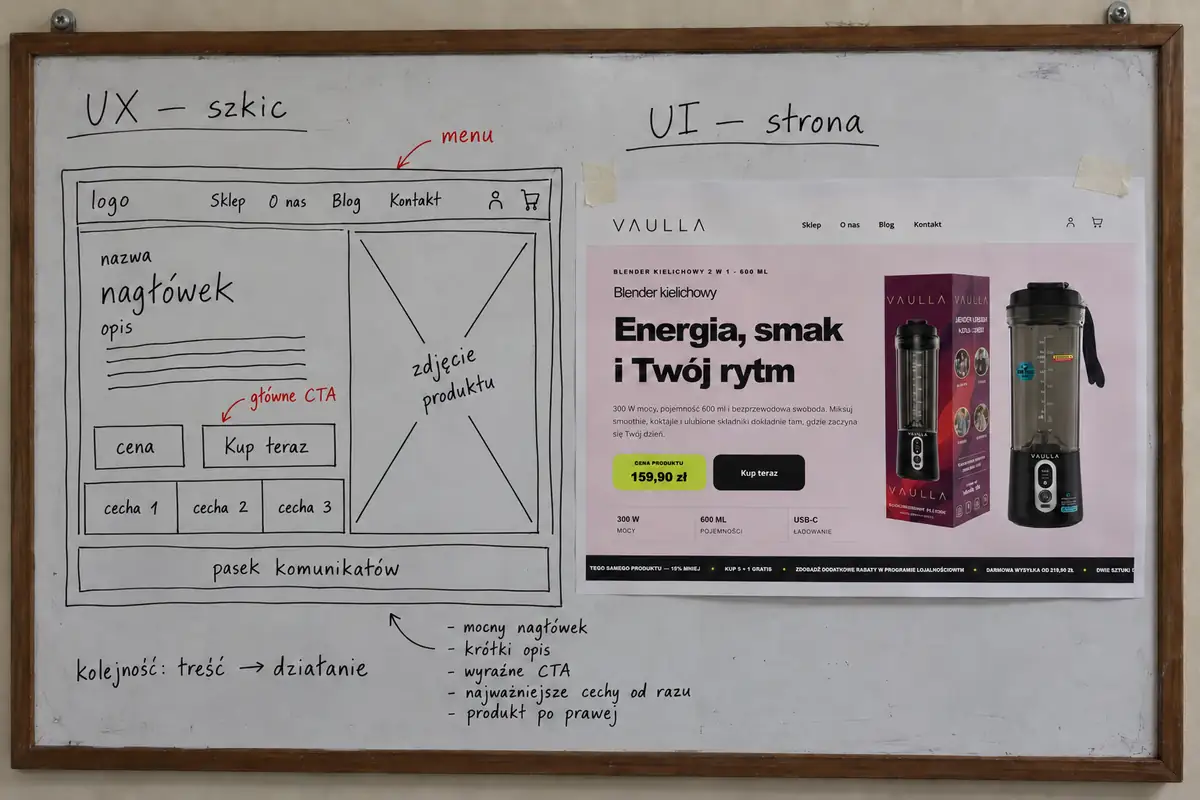 Szkic UX obok gotowego interfejsu VAULLA: menu, opis produktu, zdjęcie i przycisk zakupu.
